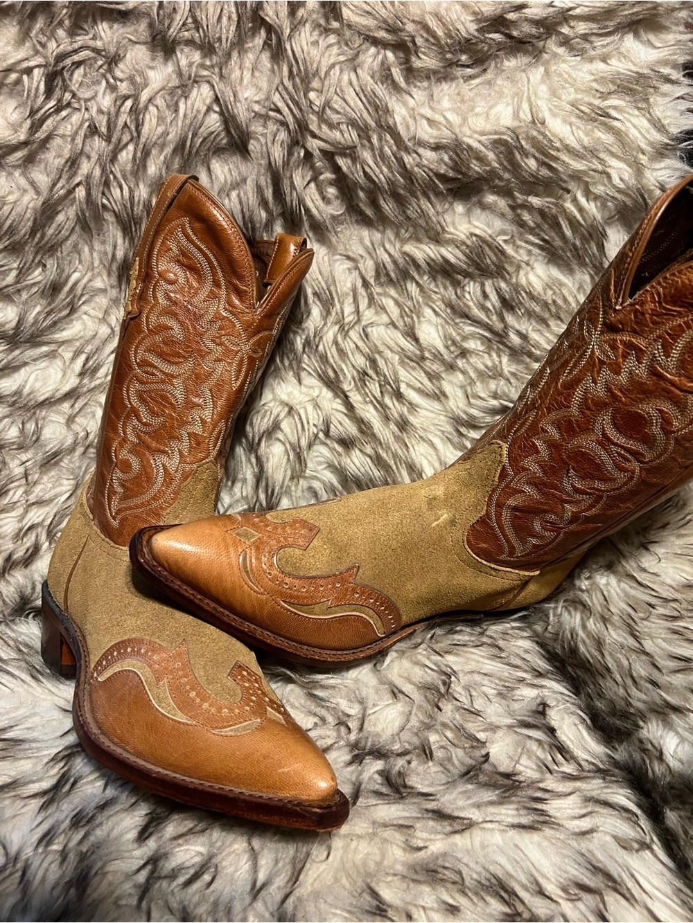TONY LAMA MEN TOP QUALITY SUEDE & LEATHER WESTERN BOOTS-tan-Sz 9 B